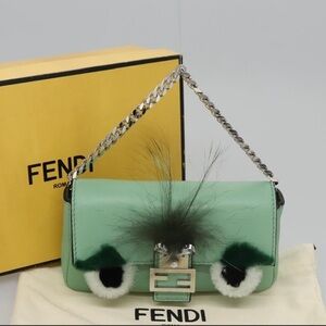 FENDI Chain Micro Monster Hand Bag Leather Peppermint
